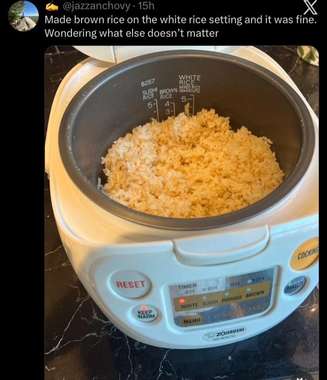 A white Zojirushi rice cooker filled with perfectly fluffy brown rice despite being set to the white rice option serves as the visual centerpiece for a classic meme about how arbitrary everyday rules can feel.