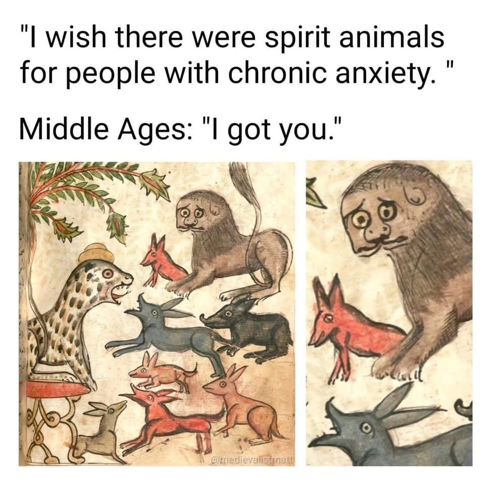 A medieval manuscript illustration of distorted, wide-eyed creatures features a human-faced lion looking deeply panicked, acting as a hilarious classic meme about historical depictions of chronic anxiety.
