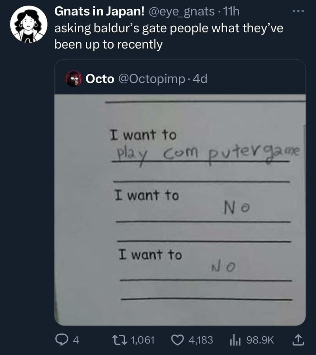 A school worksheet screenshot functions as a funny gaming-themed classic meme, comparing a child's repetitive answers of wanting to play "com puter game" to the obsessive daily habits of Baldur's Gate players.