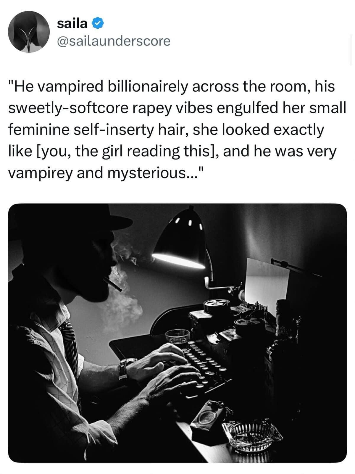 A classic meme tweet from "@sailaunderscore" satirizing the aggressive and nonsensical adjectives found in Wattpad-style romance novels, paired with a moody photo of a man at a typewriter.