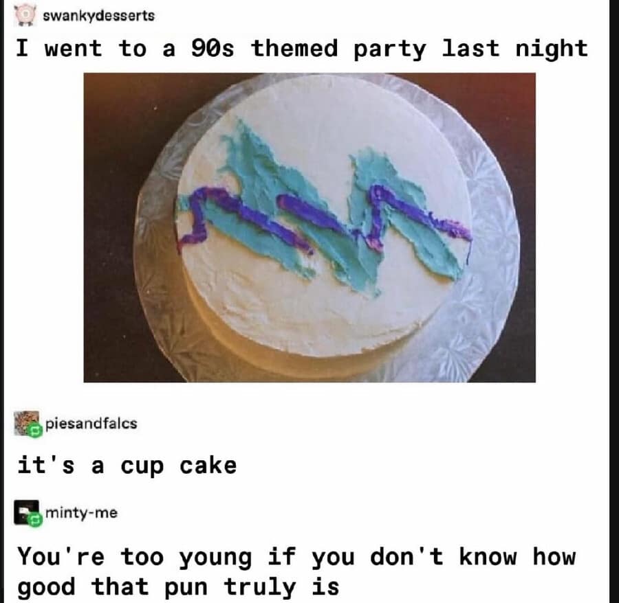 nostalgic old meme of a cake decorated with the iconic purple and teal "Jazz" zig-zag pattern from 90s disposable cups, captioned with the pun "it's a cup cake."