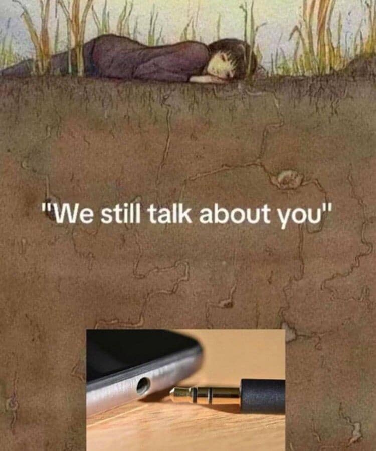 An atmospheric illustration of a departed loved one resting beneath the soil is paired with a close-up photo of a smartphone's 3.5mm analog headphone jack in a melancholic classic meme.