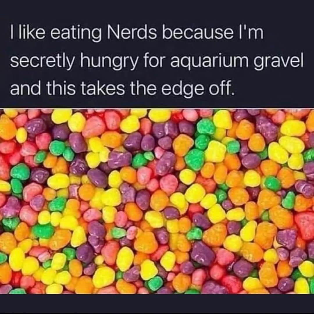 A macro close-up photo of thousands of bright pink, purple, and yellow Nerds candies highlights a funny classic meme confessing a secret, unhinged sensory craving for crunchy aquarium gravel.