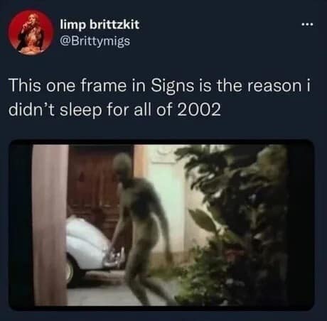 A terrifyingly blurry frame from the 2002 movie Signs, showing the shadowy alien walking past a doorway. The tweet above identifies this single image as the reason the author didn't sleep for the entirety of that year.