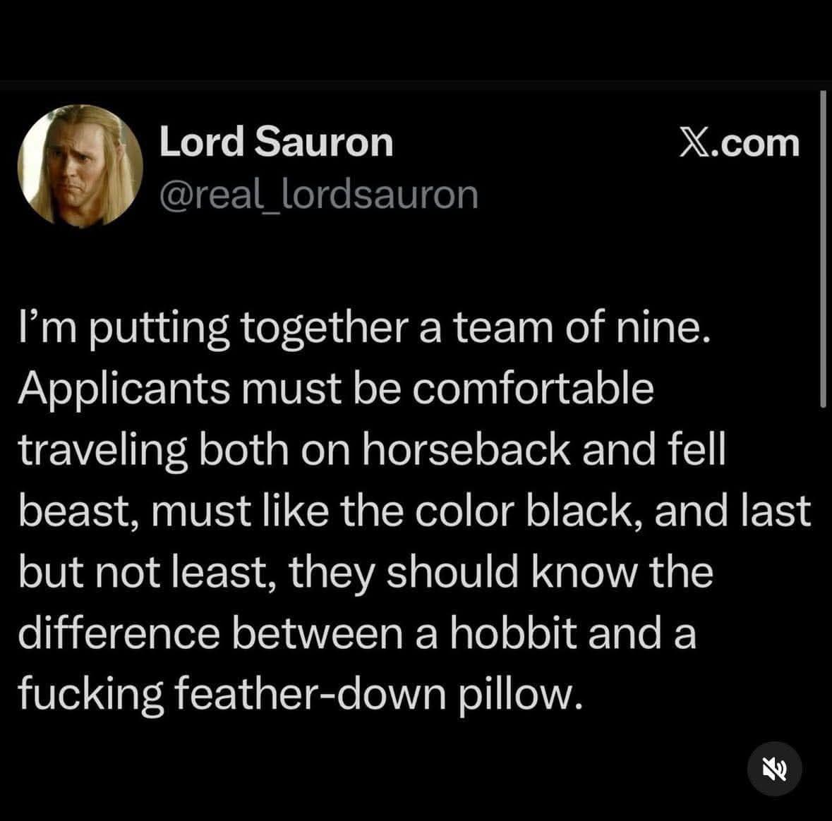 A vintage memes style Twitter screenshot from "Lord Sauron" (@real_lordsauron). The post is a job recruitment ad for a "team of nine" (the Nazgûl), requiring applicants to be comfortable on fell beasts and demanding they finally learn to distinguish a Hobbit from a feather-down pillow.