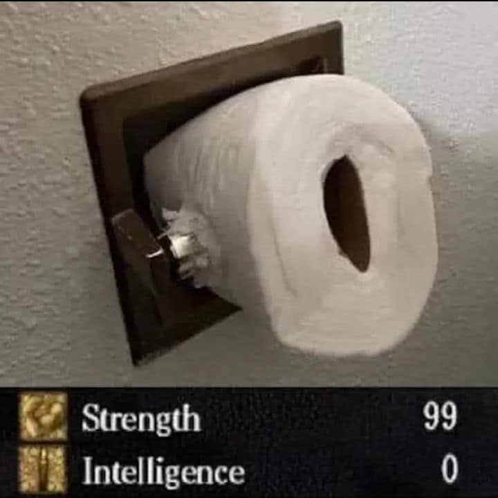 An RPG video game stat block showing maxed-out strength alongside zero intelligence anchors an old memes format about jamming a fresh roll of toilet paper backwards into a wall dispenser.