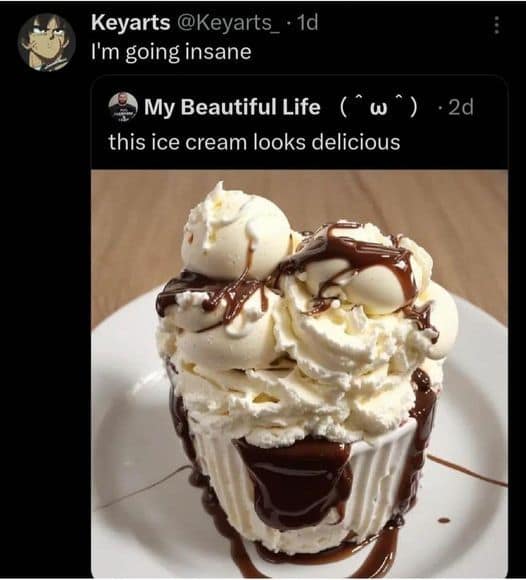 A Twitter screenshot by user Keyarts showing a surreal pareidolia image of a vanilla ice cream sundae topped with chocolate syrup that uncannily forms the shape of a distressed, crying anime face, circulating as a trippy classic meme.