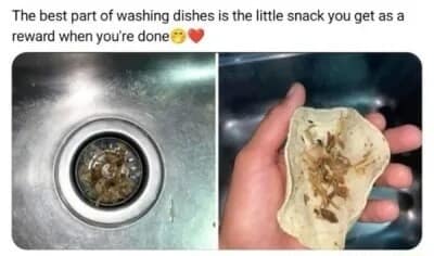 An incredibly cursed classic meme shows a side-by-side comparison where the left panel features wet food scraps inside a kitchen sink drain strainer, and the right panel shows someone scraping them into a soft flour tortilla like a post-dishwashing snack reward.