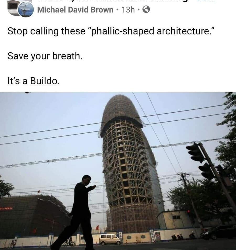 A phallic skyscraper building under construction in Beijing is mockingly rebranded as a giant "Buildo" by a social media commentator in a viral architectural old memes entry.