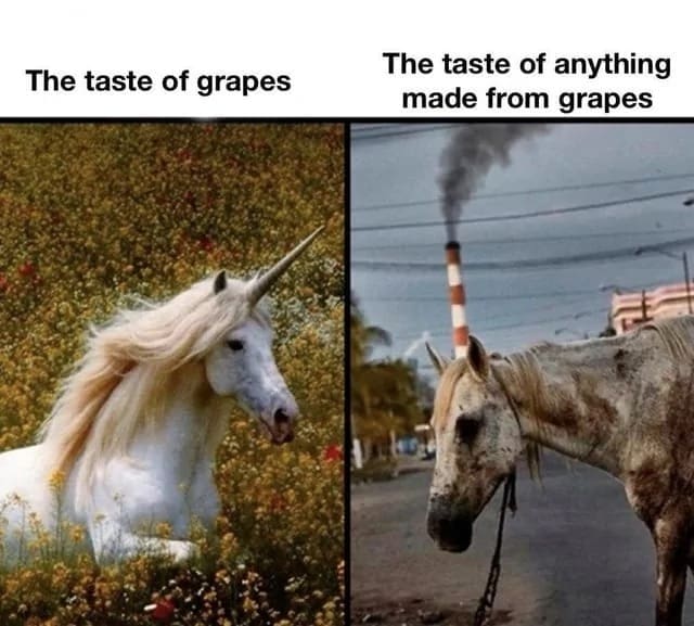A multi-panel classic meme contrasts a majestic white unicorn in a beautiful field of yellow flowers on the left against a ragged, emaciated donkey standing under an industrial smoke tower on the right to mock artificial grape flavors.