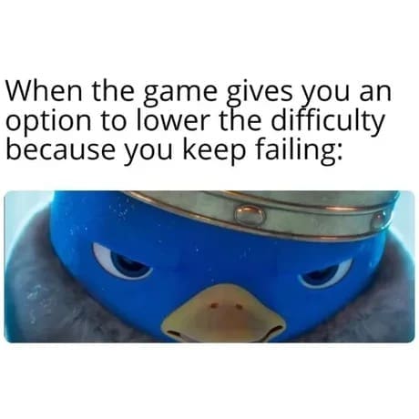 A close-up frame of the fierce, heavily crowned penguin king from the Super Mario Bros. Movie delivers a gaming-centric classic meme about the pure insult of a software prompt offering to lower the difficulty setting.