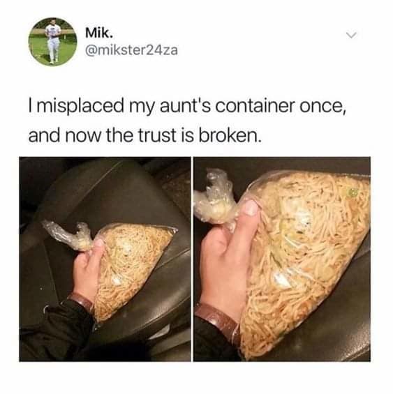 A split-screen photo highlights a driver holding a large clear plastic ziplock bag stuffed full of loose lo mein takeout noodles on a car seat after losing their aunt's Tupperware container, securing its place as a legendary classic meme.