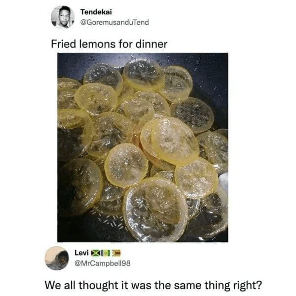 A vintage memes culinary disaster showing a frying pan filled with sliced lemons being sautéed in oil. The caption identifies the dish as "Fried lemons for dinner," mocking a common phonetic misunderstanding of "Filet Mignon."