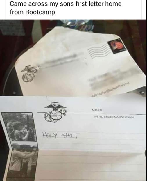 A split-panel image shows an official United States Marine Corps bootcamp letter home from a son, which contains only the hilarious, raw handwritten reaction "HOLY SHIT" scrawled across the page, a legendary military classic meme.