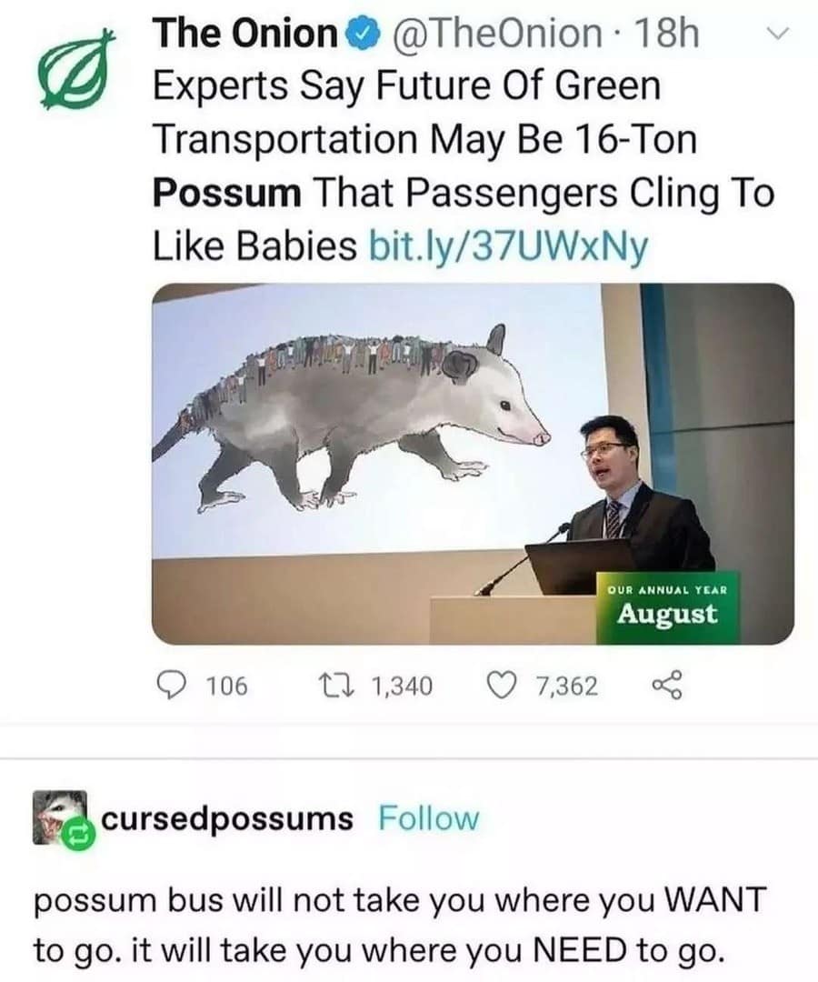 The Onion’s satirical green transportation graphic featuring citizens riding on the back of a giant 16-ton possum goes viral alongside a Tumblr commentary thread about the "possum bus."