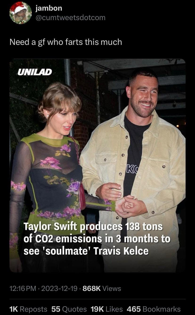 classic meme featuring a tweet from user jambon. It shows a news headline about Taylor Swift producing 138 tons of CO2 emissions in three months to visit Travis Kelce. The user's caption hilariously interprets this as biological gas, stating, "Need a gf who farts this much."