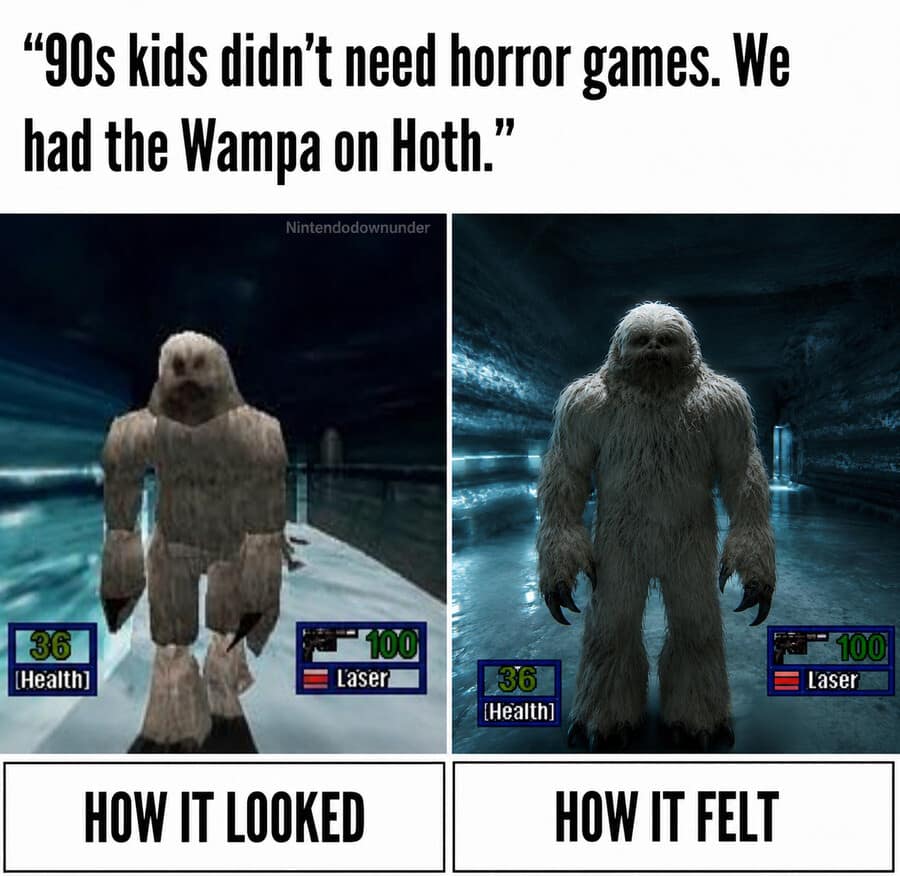 A nostalgic best memes comparison showing the low-poly Wampa monster from the N64 game Star Wars: Shadows of the Empire vs. a high-definition, terrifying creature, illustrating how scary graphics felt to 90s kids.