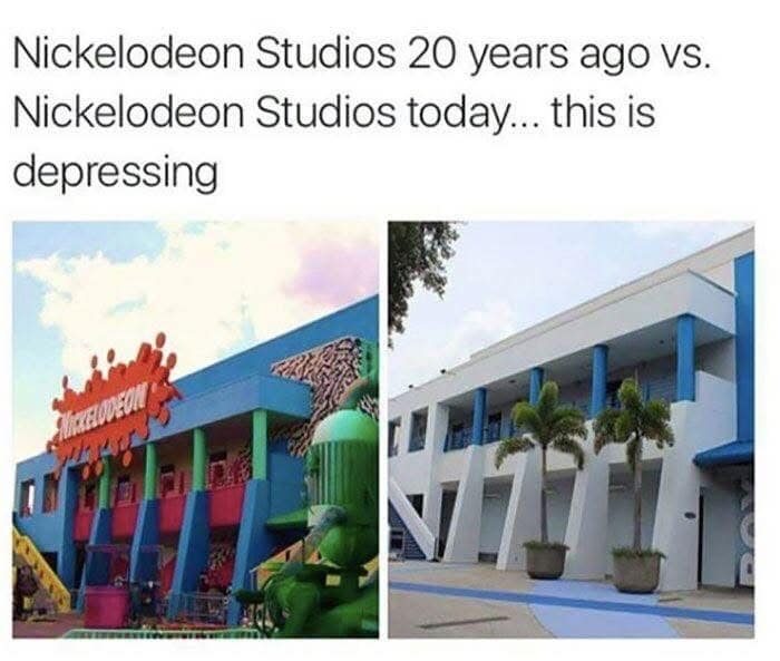 A childhood nostalgia comparison post functioning as a bittersweet classic meme contrasts the vibrant, slime-covered architecture of Nickelodeon Studios from twenty years ago against its sterile, uninspired contemporary white corporate appearance.