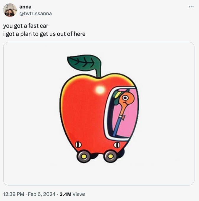 A wholesome classic meme mashup featuring Richard Scarry's character Lowly Worm in his iconic red apple-car, paired with the opening lyrics to Tracy Chapman's "Fast Car."