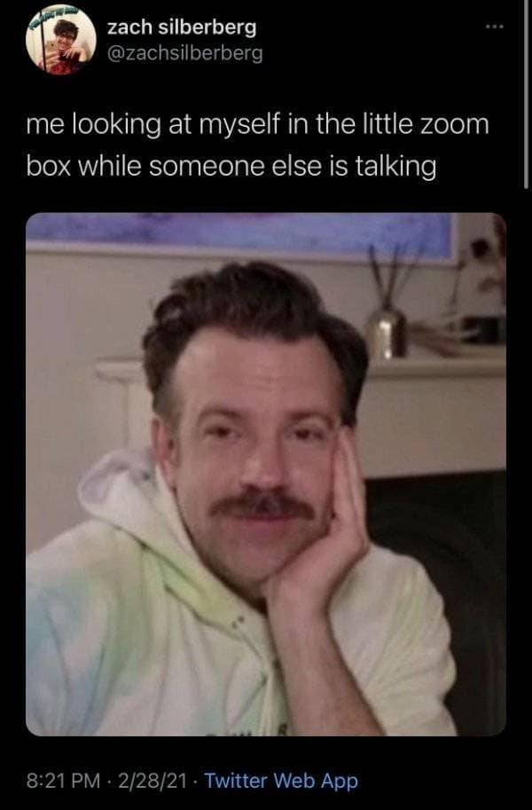 A corporate video-call tweet circulating as a relatable classic meme by Zach Silberberg features a photo of actor Jason Sudeikis resting his chin on his hand with a warm, admiring smile to mock staring at your own video feed while coworkers talk.