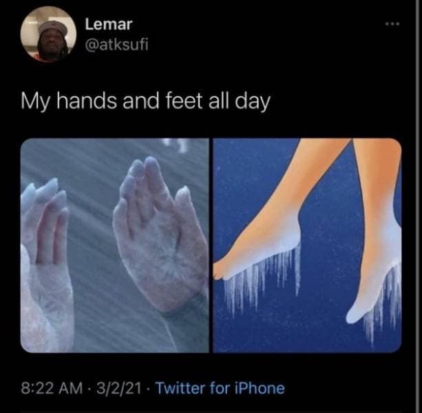 A poor-circulation text tweet by user Lemar stands out among classic memes, pairing a note about frozen extremities with a split frame of frosted hands on glass and an illustration of legs submerged in water with hanging icicles.