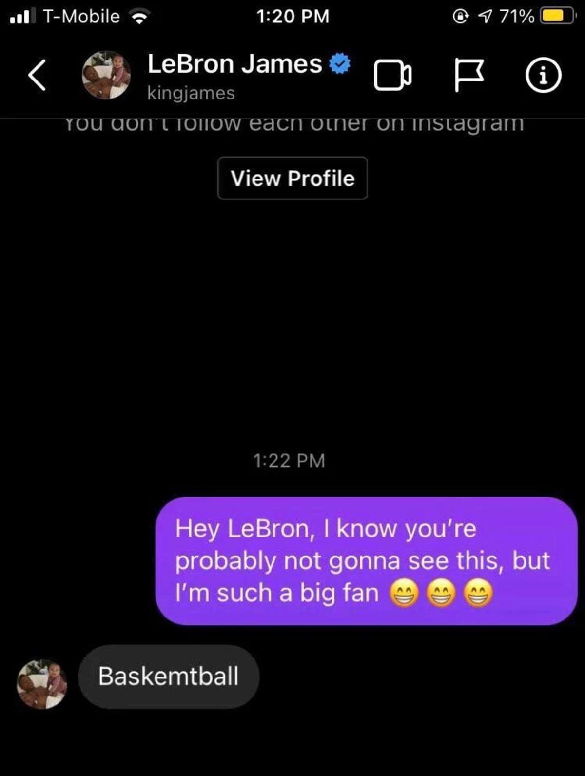 classic meme showing a fake Instagram DM to LeBron James where a fan says they are a "big fan," and the superstar supposedly replies with a single, misspelled word: "Baskemtball."