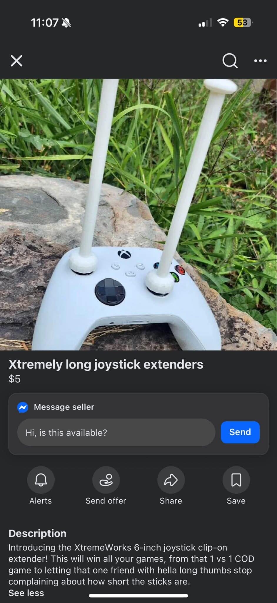 classic meme featuring a Facebook Marketplace listing for "Xtremely long joystick extenders" showing an Xbox controller with two absurdly long 6-inch white sticks attached to the thumbsticks.