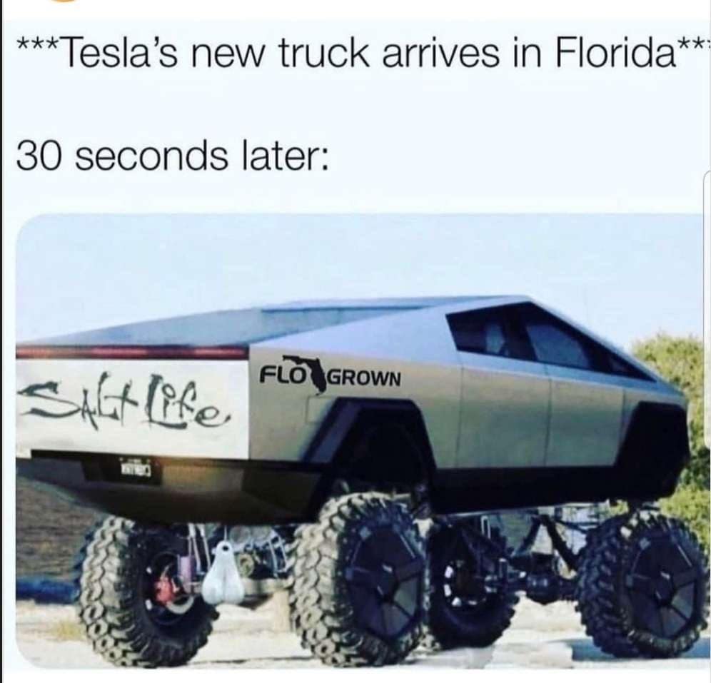 classic meme showing a Tesla Cybertruck photoshopped to be "Florida style" with massive monster truck tires, a lift kit, "Salt Life" decals, and a pair of "truck nuts" hanging from the rear bumper.