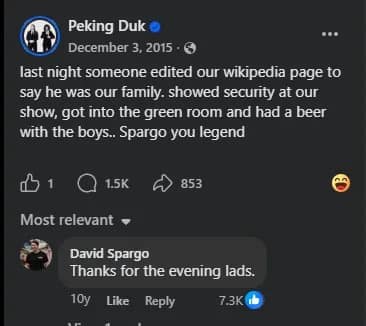 A legendary classic meme screenshot of a 2015 Facebook post by the band Peking Duk. They recount how fan David Spargo edited their Wikipedia to sneak into the green room; the post includes David's polite reply: "Thanks for the evening lads."