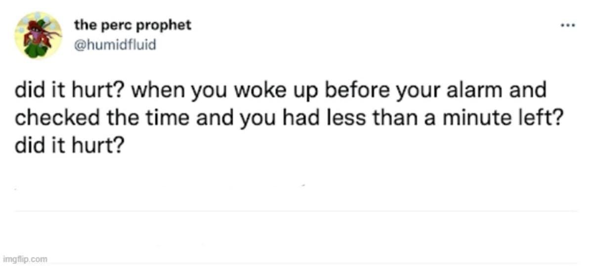 classic meme tweet from the perc prophet asking the existential and painful question: "did it hurt? when you woke up before your alarm... and you had less than a minute left?"
