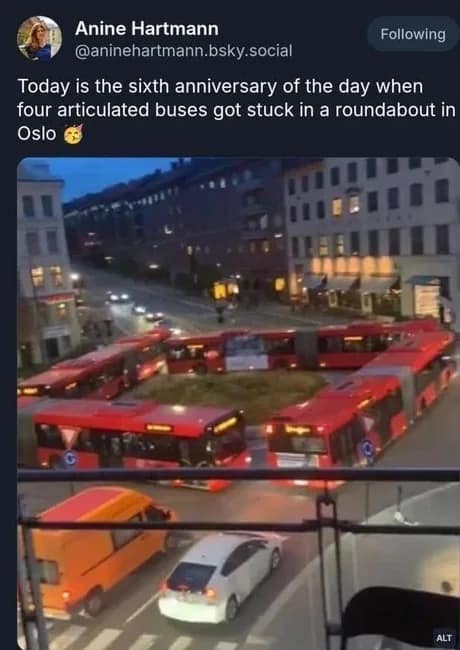 A classic meme showing a viral photo of four red articulated buses in Oslo perfectly gridlocked in a circle within a roundabout, creating a literal "O-loop."
