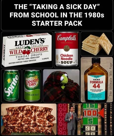 A "Taking a Sick Day in the 1980s" starter pack classic meme featuring Sprite, Luden's cherry drops, saltines, and a screenshot of The Price is Right.