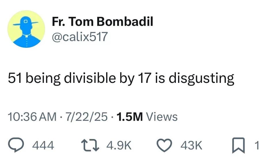 A text tweet from the user account Fr. Tom Bombadil dryly asserts that the mathematical equation of 51 being perfectly divisible by 17 feels deeply unnatural and offensive, functioning as a viral classic meme.