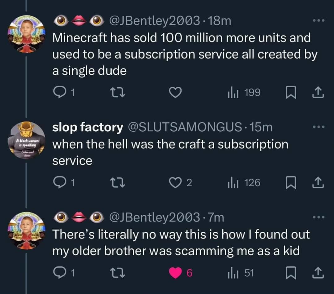 A social media thread screenshot details an eye-opening moment where a user realizes their older brother invented a fake monthly subscription fee for Minecraft, highlighting a viral vintage meme.