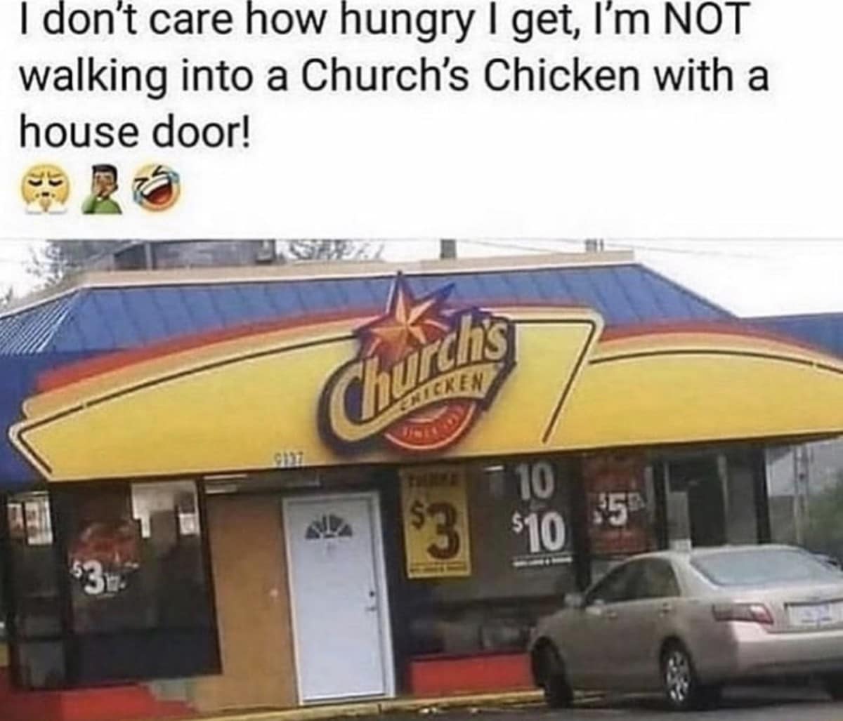 A commercial storefront photo of a Church's Chicken fast-food restaurant features a literal white paneled residential front door with a deadbolt mounted as its main entrance in a bizarre classic meme.