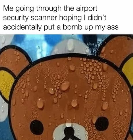 A classic meme featuring a sweaty, condensation-covered Rilakkuma bear used to depict the irrational anxiety of going through airport security and hoping you didn't "accidentally" smuggle contraband.
