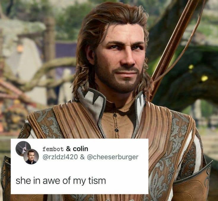 classic meme featuring the character Gale from Baldur's Gate 3 looking smugly toward the camera, overlaid with a social media post that reads "she in awe of my tism."