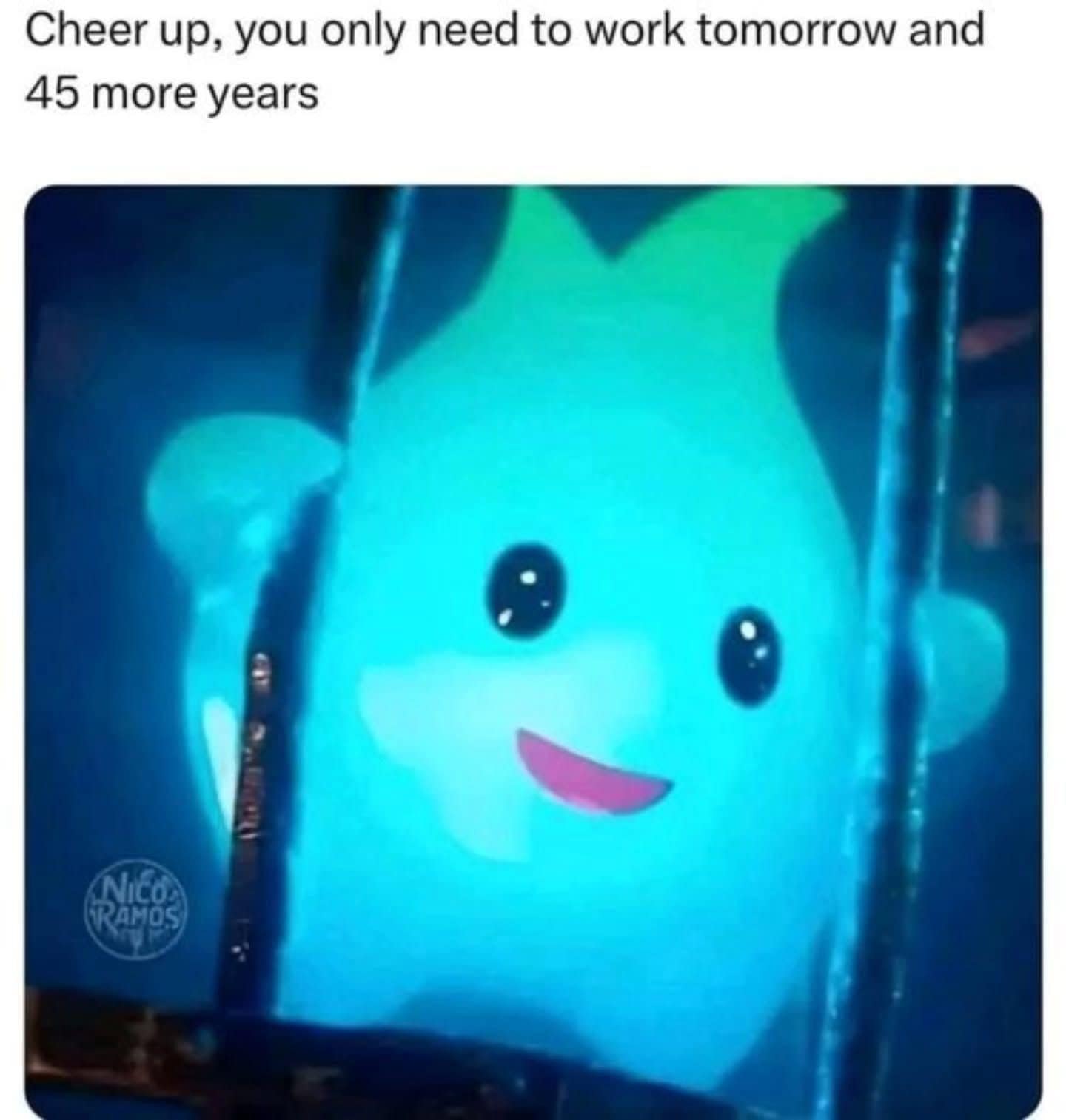 A depressing yet hilarious classic meme featuring a blue Luma star character from Super Mario peering through iron bars, captioned with the "encouraging" news that you only have to work tomorrow and then for 45 more years.
