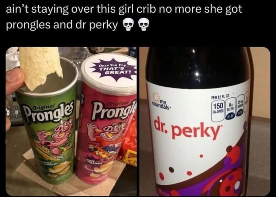 classic meme layout showcasing two side-by-side photos of off-brand grocery knock-offs, featuring green and pink canisters of "Prongles" potato crisps with a skateboarding pig mascot alongside a generic brand soda bottle labeled "dr. perky."