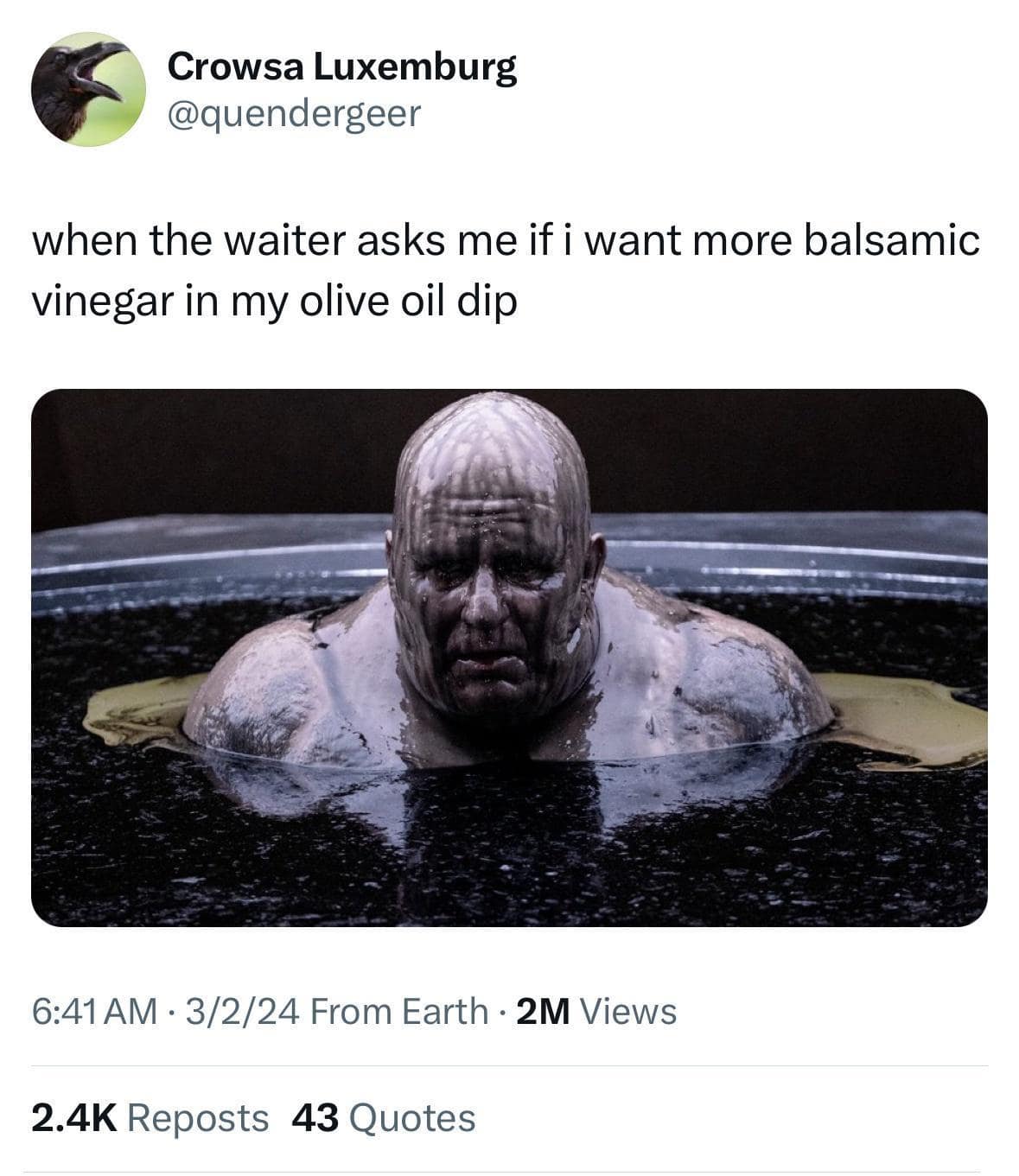 A hilarious Twitter screenshot featured in collections of classic memes shows a post about a waiter adding balsamic vinegar to an olive oil dip, paired with a cinematic image of Baron Vladimir Harkonnen emerging from his dark mud bath in Dune.