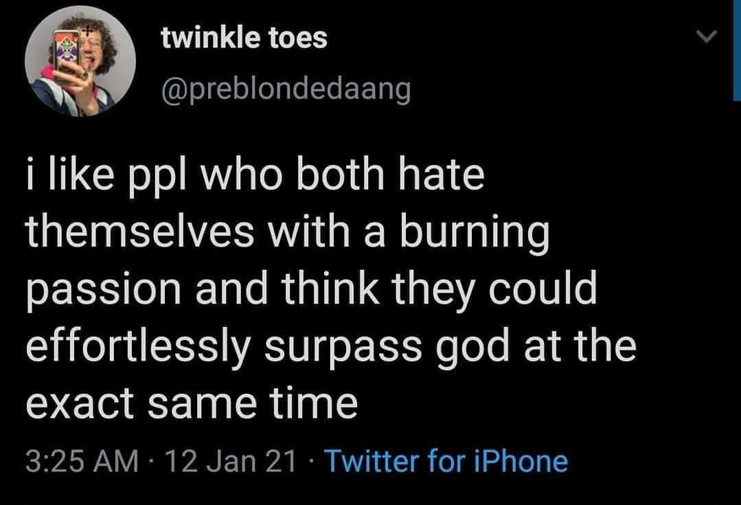 A viral social media post describing the duality of having both a god complex and low self-esteem, a personality trope often seen in old memes.