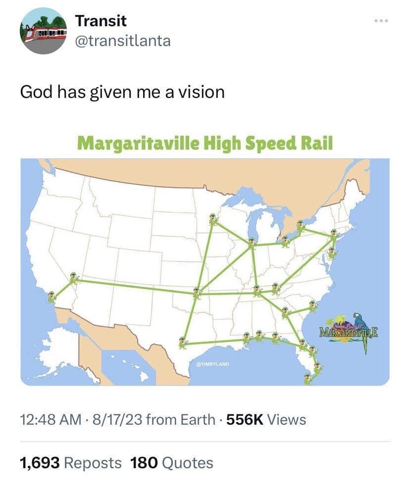 A social media snapshot functions as a viral internet meme showcasing a mock transit map of the United States connecting nationwide cities via a fictional "Margaritaville High Speed Rail" line.