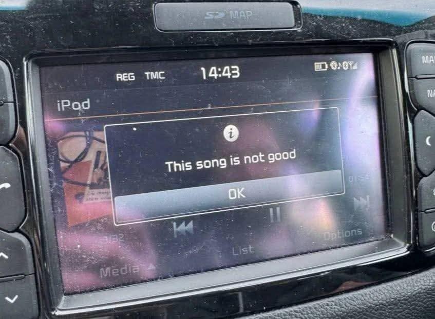 A hilarious photo of a car's dashboard screen displaying a brutal, deadpan system error message that reads: "This song is not good," followed by a single "OK" button.