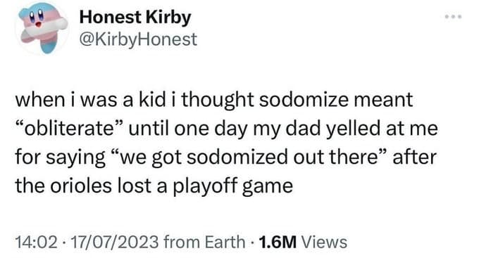 A text-based classic meme by Honest Kirby recounting a childhood misunderstanding of the word "sodomi" used in a sports context, leading to a viral "cringe" story.