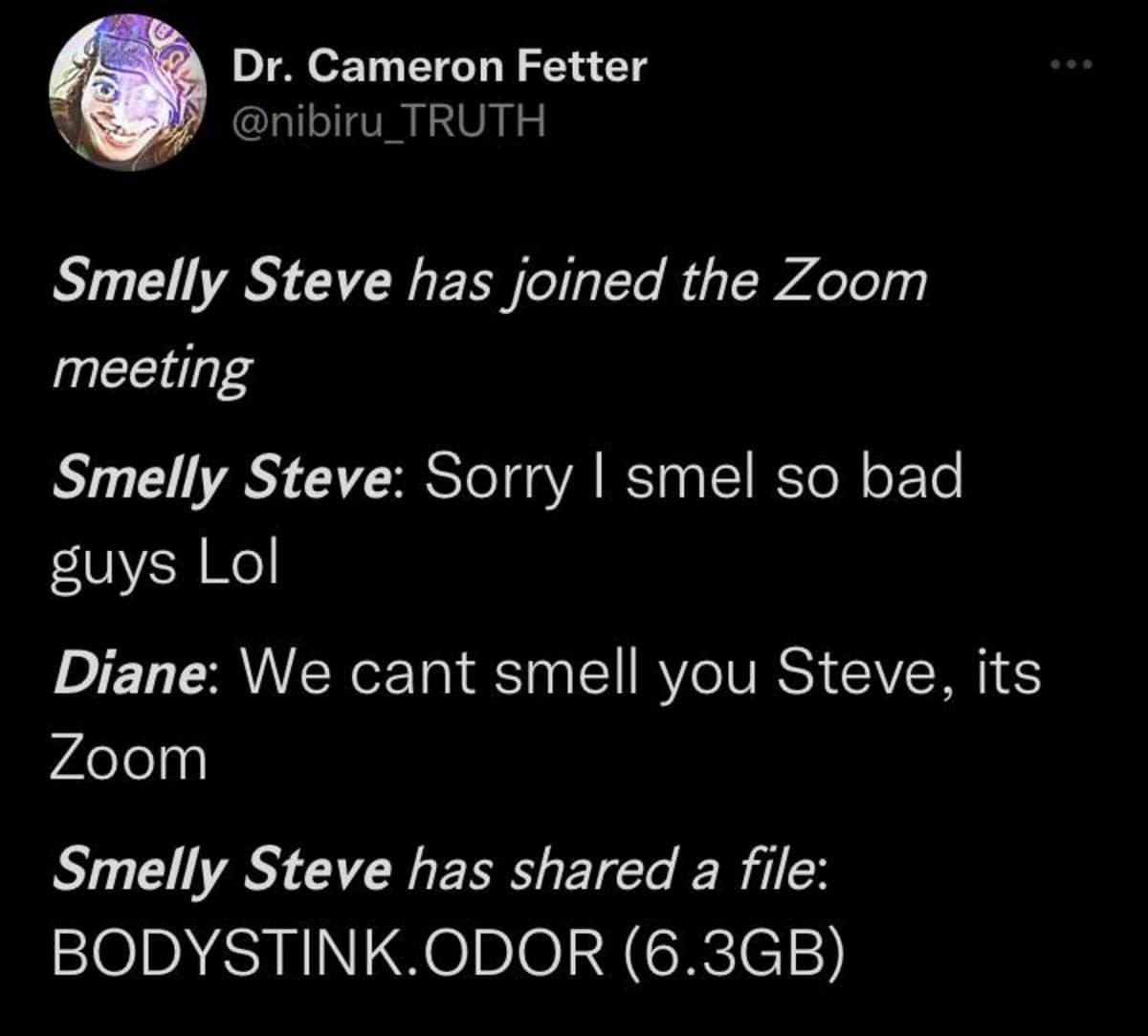 A surreal text-based meme about a Zoom meeting where "Smelly Steve" apologizes for his odor and then uploads a 6.3GB file titled "BODYSTINK.ODOR" so everyone can experience it digitally.