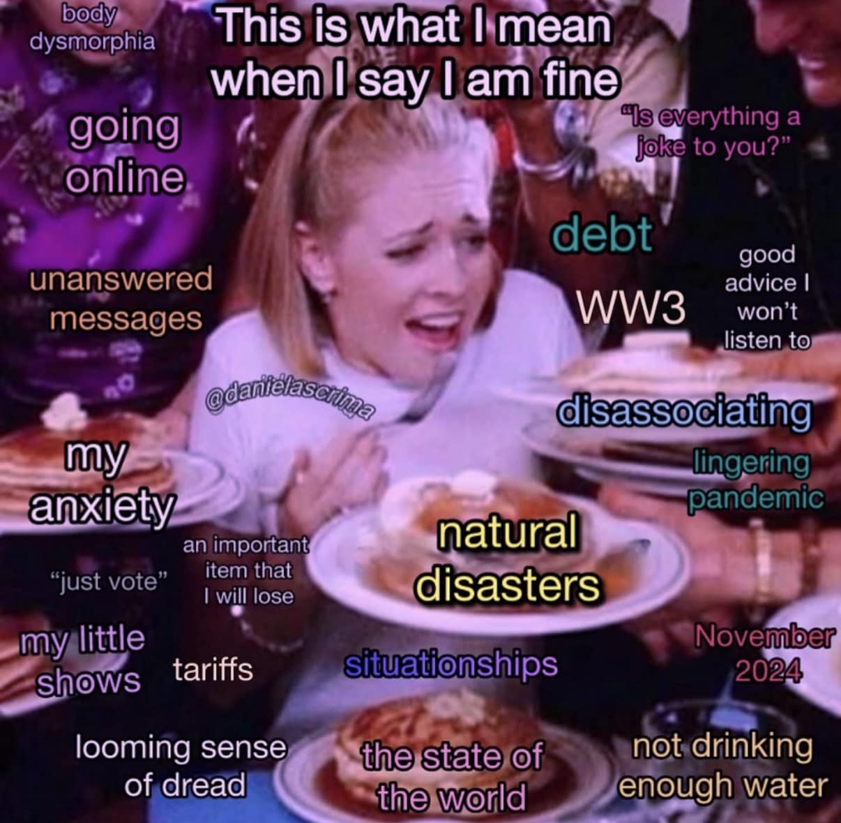 Actress Melissa Joan Hart as Sabrina Spellman from Sabrina the Teenage Witch looks overwhelmed as an onslaught of hands thrust pancake plates at her labeled with modern worries like debt, WW3, and situationships in a chaotic classic meme.