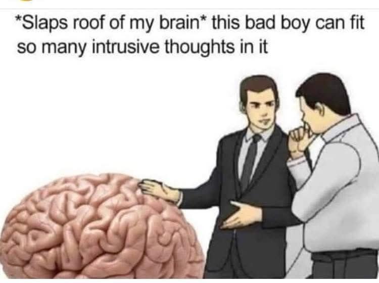 A variation of the "Slaps roof of car" classic meme showing the salesman slapping a human brain, noting its capacity for holding excessive intrusive thoughts.