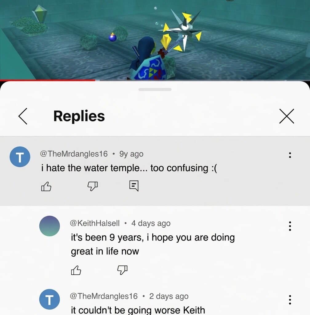 A devastating classic meme showing a YouTube comment thread where a user returns after 9 years to update a well-wisher on their life, bluntly stating that things "couldn't be going worse."