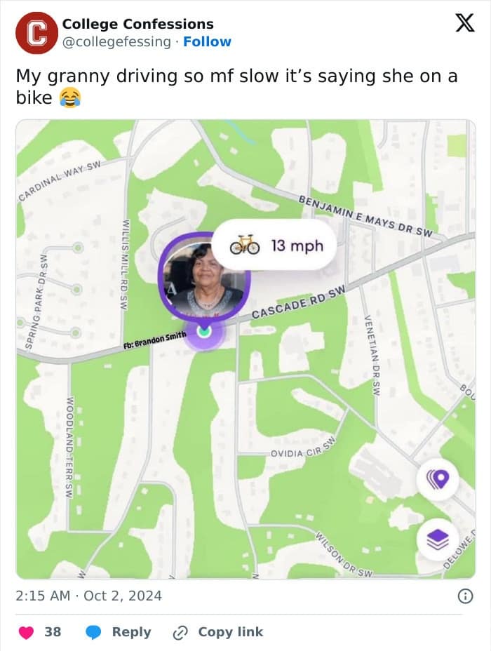 A classic meme screenshot of a GPS tracking app showing a grandmother driving so slowly (13 mph) that the software identifies her as a person on a bicycle.