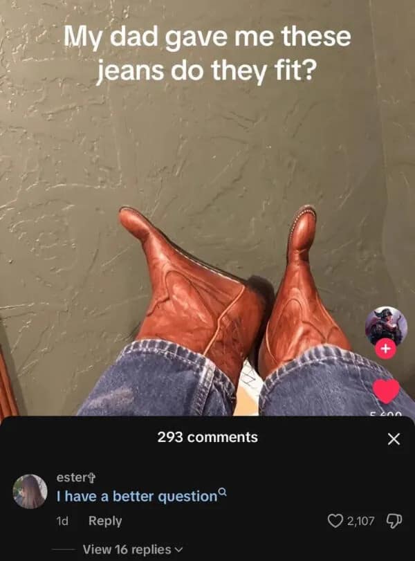 An absurd photo of someone wearing brown leather boots with impossibly long, upturned toes, captioned with the distracting question of whether their jeans fit correctly.